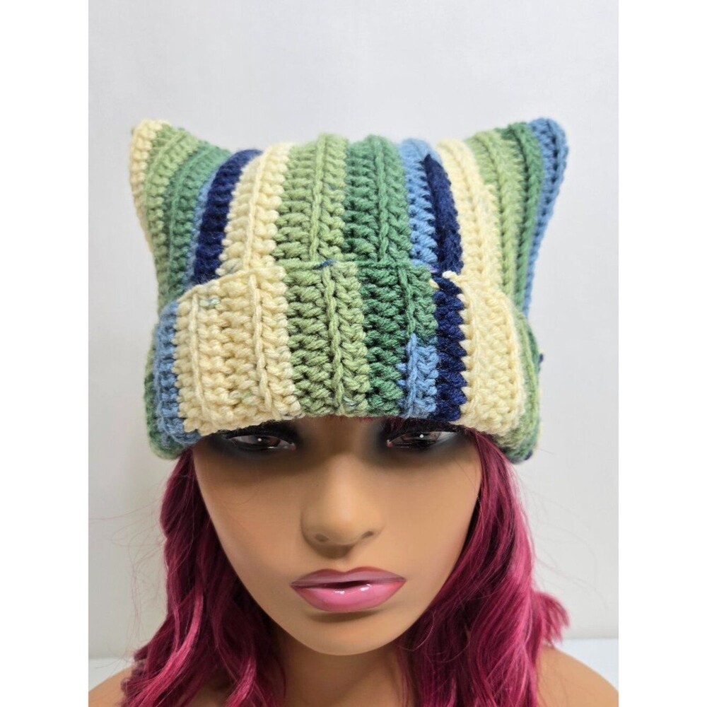 Handmade Crochet Cat Ear Beanie, Striped Acrylic Kitty Hat